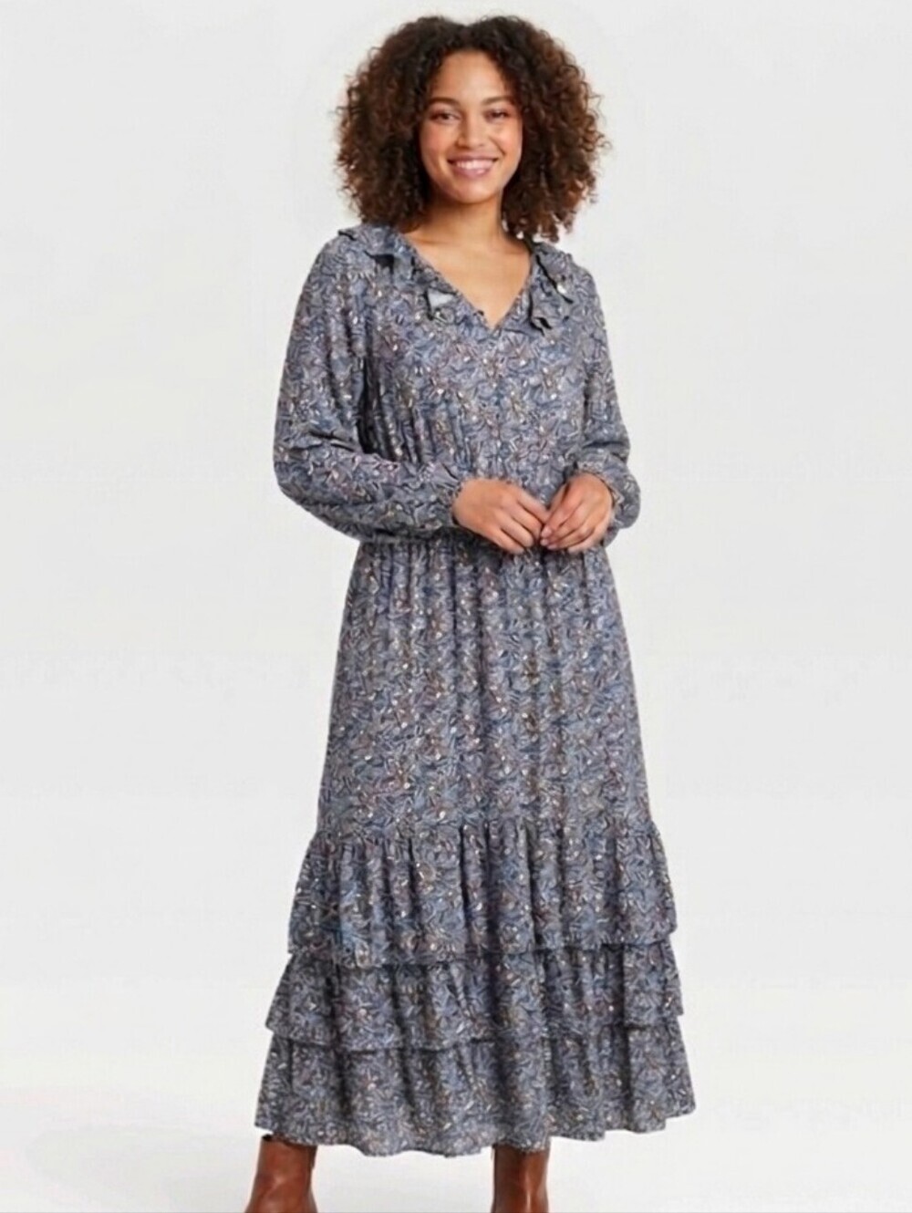 Universal Thread Maxi Tiered Dress Size XL Blue Floral Ruffle Collar Prairie